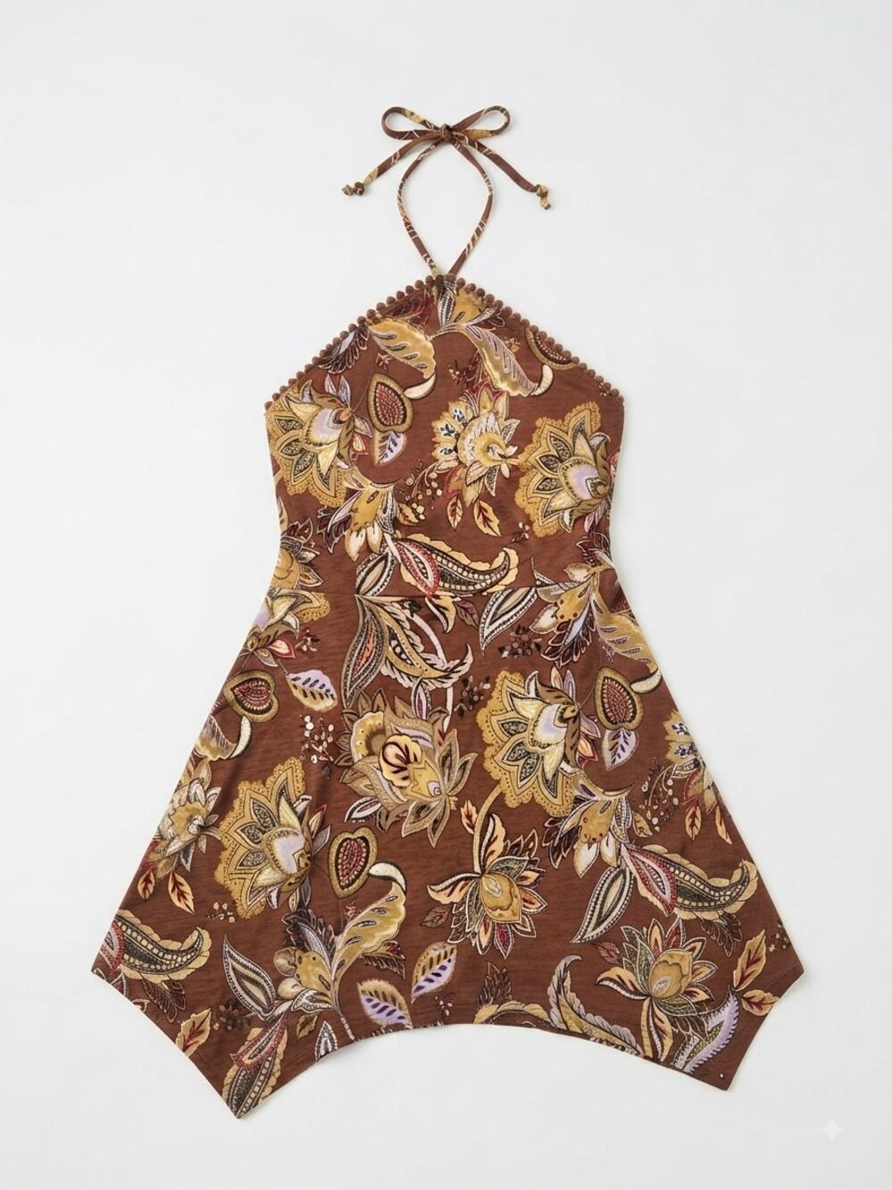 Remplie Brown Halter Dress Womens Size M Floral Paisley Boho Hanky Hem Mini